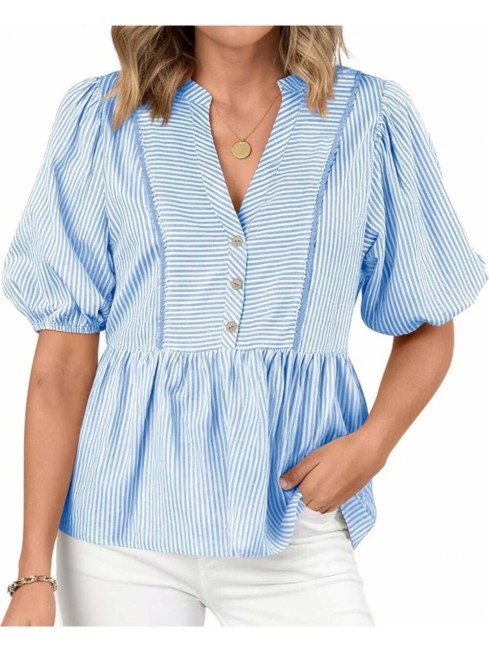 Women's Summer Tops Light Blue Lantern Short Sleeve V Neck Button Peplum Shirts